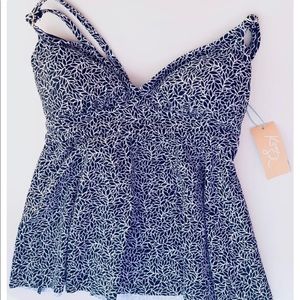 Kona Sol Women Swimsuit Tankini Top Size Small Navy Blue Floral Swim Slimming